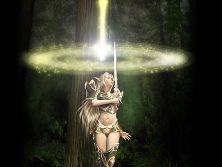 girl of light - forest, angel, light, wings, sword