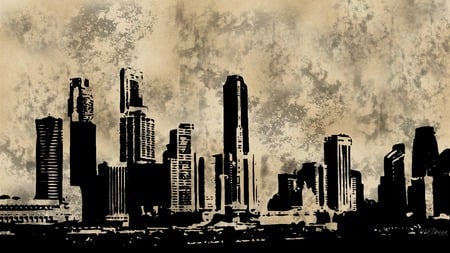 Down Town - architecture, skyscrapers, city, silhouette, grunge, dark, widescreen, buildings