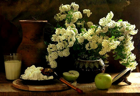 Spirea Still - rice, pitcher, milk, spoon, table, case, green apple, still life, flowers, bowl, glass, spirea