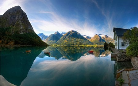 ~Serene Beautiful Norway~ - fresh water, sky, lake, serene, boats, mountians, nature, norway, beautiful, clouds, house