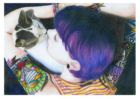 ~A Kiss Always Makes It Better~ - abstract, love, hair, cat, happiness, tattoos, purple, cute, kiss, art, kitty