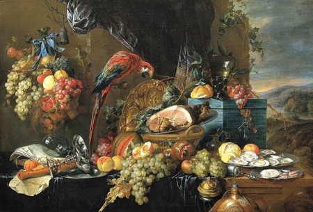 A Feast - baskets, fruits, oranges, shimps, meat, candle holder, oysters, jugs, parrot, grapes, bread, ribbon, flowers