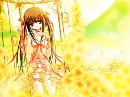 Tinkerbell - anime, birds, girl, brown hair, long hair, red eyes, flowers, tinkerbell, cute, sexy, ribbons