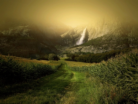 FOGGY FALLS - valley, falls, waterfalls, field, mountains, path, foggy, grass, misty, rocky