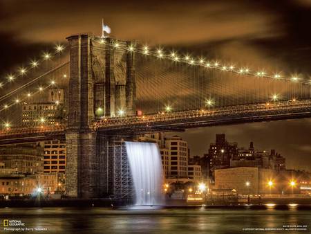 National Geographic -  Bridge - national geographic, night, waterfall, bridge, lights