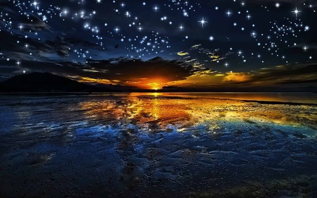 Count The Starry - nature, sky, beach, reflection, sunset, starry