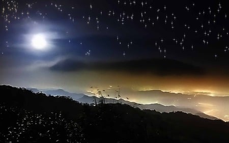 Starry Night - moon, sky, sparkling, mountain, starry