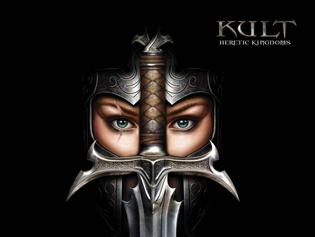 Kult-Heretic Kingdoms - warrior, eyes, sheild, dark, stare, look, nice, action, adventure, game, kingdom, scar, girl, sword, 2004, fantasy, kult, video