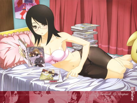 Reading - anime, bed, sey, glasses, book, girl