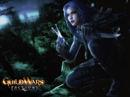 Guild Wars- Factions Jade Quarry - quarry, game, videogame, girl, blonde, beauty, lovely, hair, fantasy, guild wars, weapon, violet