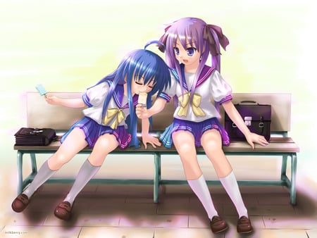 Hey !!! - girls, ice, cream, anime, bench