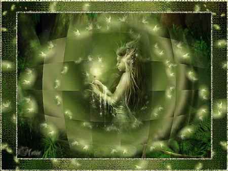 Green Fantasy - fairy, fireflies