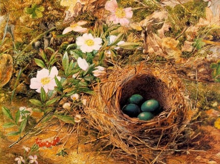 Garden Nest - eggs, roses, pink roses, birdsnest, flowers, nest, painting, garden, blue eggs