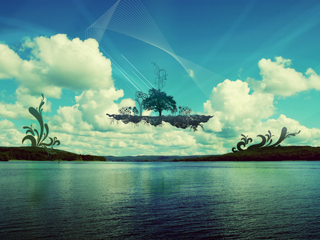 Floating Island - abstract, clouds, island, sea, fantasy