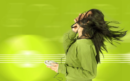 Music in green - girl, headphones, music, green, discman