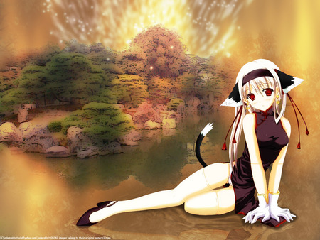 ??! How does she stay on the water like that? - kitty, water, anime, cat girl, surreal