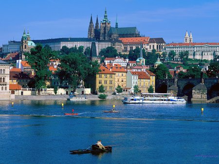 Sightseeing by boat - churches, water, canoe, fishing, houses, cruise ship, trees, sea, rowing