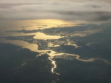 Aerial View - nature, sky, aerial, river, sun, plane, airplane