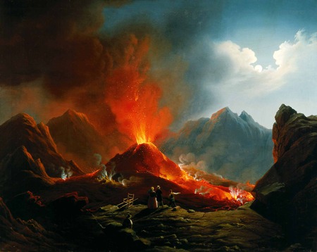 Erupting furnace - hills, people, mountain, lava, valcano, fire, red, sparks, smoke, debris, rocks