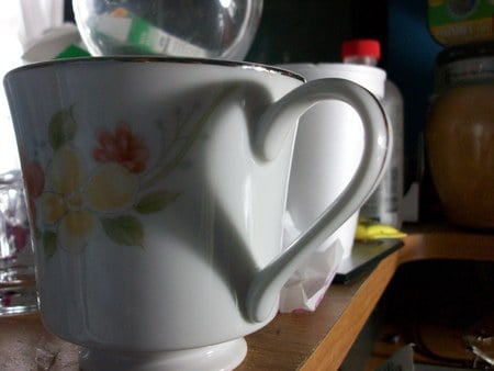 Tea Cups - cups, tea cups, heart, shelf, flowers, flower