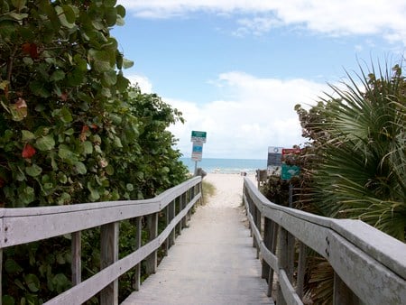 Beach Path - beaches, beach, fence, trail, blue, green, road