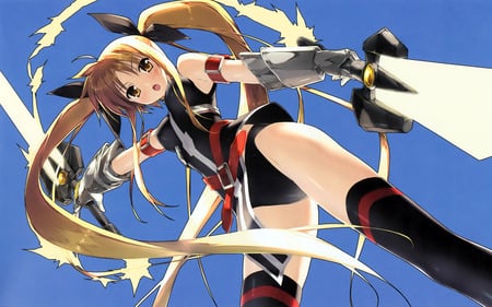 Fate Testarossa - yellow eyes, sexy, girl, twintails, mahou shoujo lyrical nanoha, 5 nenme no houkago, fate testarossa, long hair, thighhighs, brown hair, kantoku, anime, weapon, sword, cute