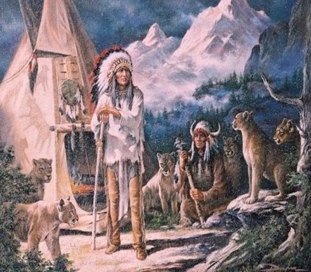 Indian painting - warriors, mountain lions, teepee