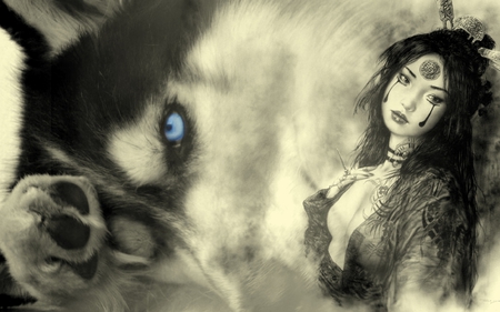 Sleeping dog - woman, fantasy, blue, dog