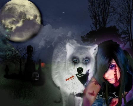 Sway and her Wolf - skull, moon, woman, graveyard, scary, girl, goth, night, evil, blood, gothic, fantasy, wolf, cemetary, dark, horror