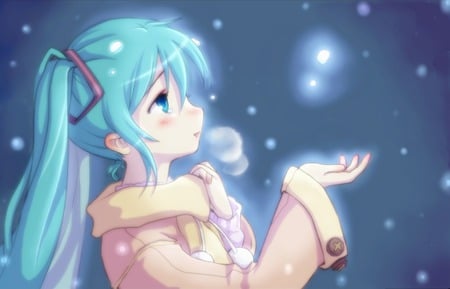 Hatsune Miku - anime, vocaloid, twintails, snow, girl, blush, hatsune miku, long hair, blue hair, cute, sexy, blue eyes