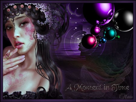 Moment in Time - black, orientalwoman, fantasie, purple, bubbles, surealisme