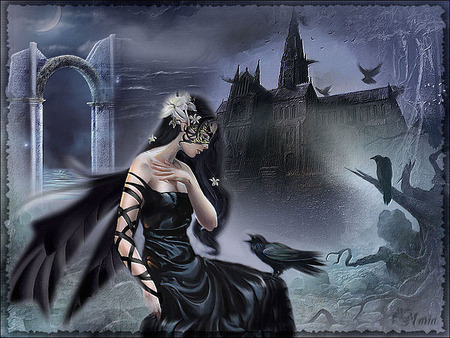 Gothic Crowlady - black, fantasy, blue, woman, darkscenery, gothic, crows