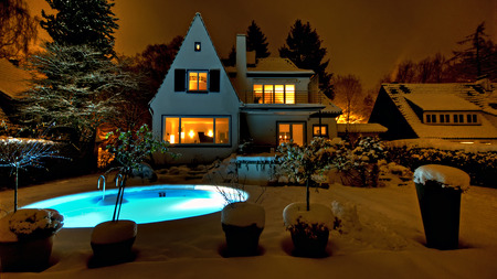 TIME FOR SWIMMING - swim, cold, light, snow, winter, house, time