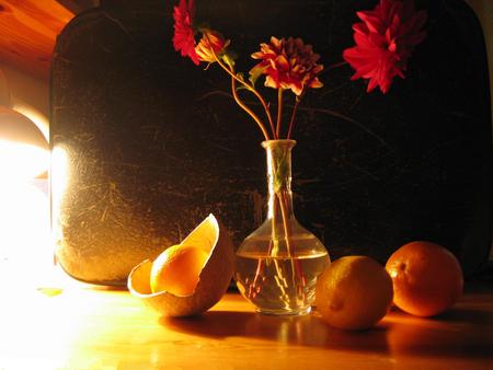 In the shadows - oranges, glass, clear, water, light, beautiful, flowers, vase