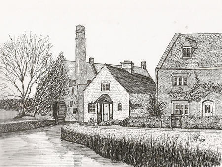 water mill drawing - black, drawing, grey, white, picture, mill