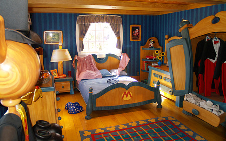 Mickeys room - pretty, clothes, sunflowers, window, lamp, closet, uniform, shoes, bed, rug, glasses, pictures