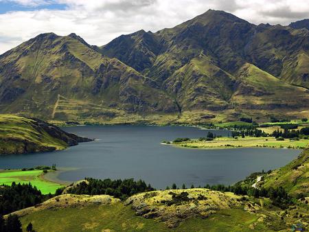 Lake Wanaka, Otago, New Zealand - grass, oceania, lagoons, plants, forests, photography, gray, mountain, mountains, landscape, american, photo, daylight, asia, blue, pond, peaks, new zealand, rivers, clouds, day, snow, mounts, lakes, leaves, white, land, leaf, nature, grasslands, water, hills, photoshop, sky, lake, pines, trees