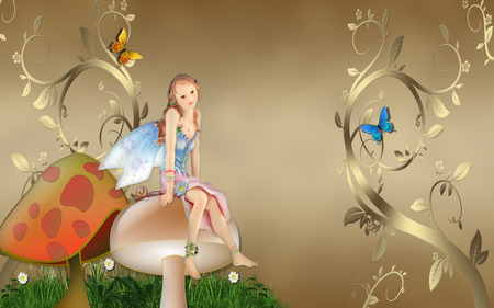 Pondering - mushrooms, fairy, gold, butterflies