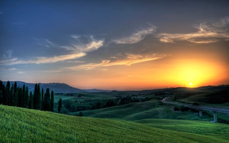 Spring Landscape - clouds, trees, hills, fields, beautiful, scenic, sunrise, spring, grass, forest, skies, grass lands, sunset, nature, sun, sky