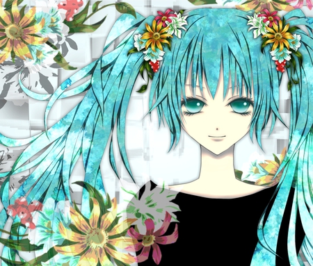 Hatsune Miku - anime, vocaloid, twintails, girl, hatsune miku, long hair, flowers, blue hair, cute, sexy, blue eyes