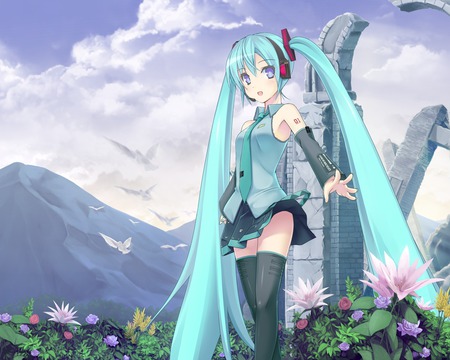 Hatsune Miku - anime, vocaloid, birds, twintails, girl, hatsune miku, long hair, flowers, blue hair, cute, sexy, blue eyes