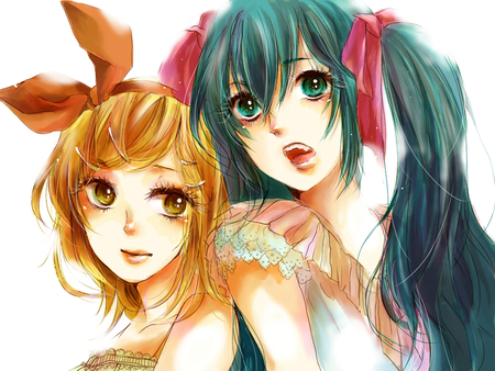 Miku & Rin - anime, vocaloid, twintails, hatsune miku, blond hair, long hair, girls, short hair, kagamine rin, blue hair, cute, sexy, ribbons, blue eyes