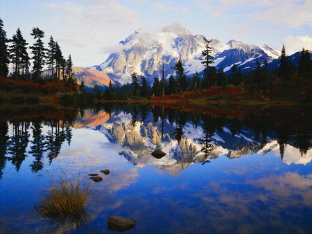 mountains by lake in the fall - by lake, mountains