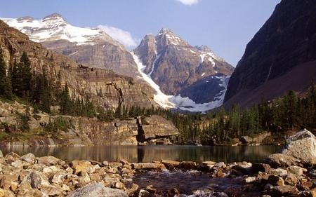 mountains by lake - hill, lake, mountains, tree