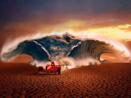 F1 Car - racing, car, water, desert, sand, f1