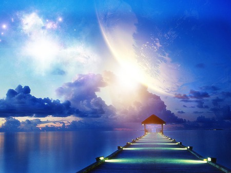 Beautiful pier - boardwalk, dock, water, pier, clouds, beautiful, sea, planet, lights