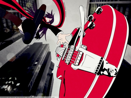 Yozakura Quartet - skyscrapper, hime yarizakura, fall, guitar, red, music, manga