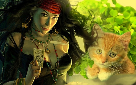 Pritty - green, women, fantasy, cat