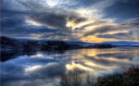 Reflection of Awe - clouds, abstract, lake, grass, montains, reflection, sky