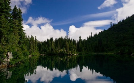 Greater - sky, lake, trees, mountain, reflection, clouds, grass